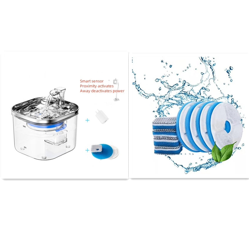Smart 2L fountain set showing proximity sensor, filter and replacement filters